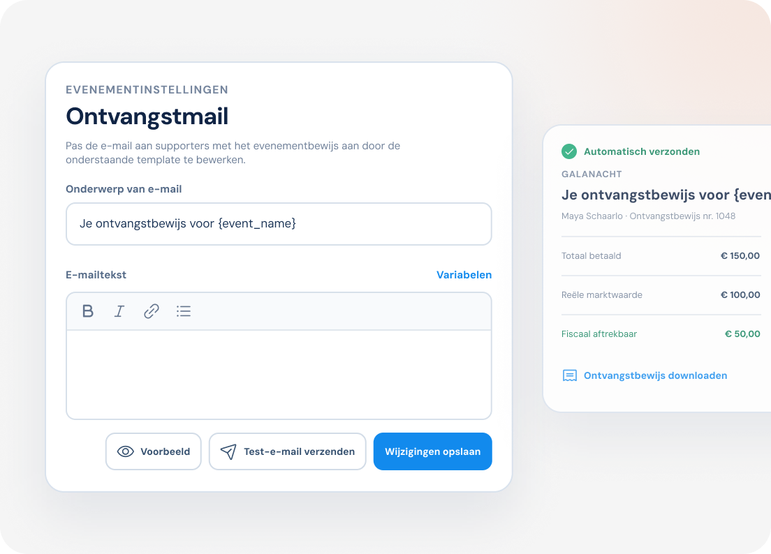 Instellingen voor evenementbonnen met voorbeeld van een bon voor Galanacht.