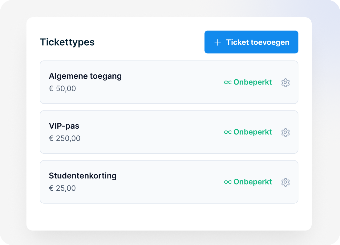 Instellingen voor tickettypen met algemene toegang, VIP-pas en studentenkorting.