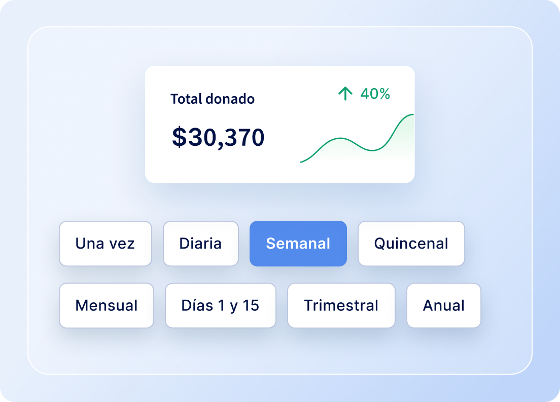 Opciones de donaciones recurrentes y un resumen de fondos recaudados.