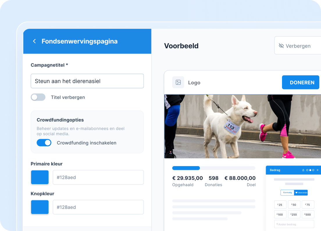 Editor voor een crowdfundingpagina met een voorbeeld van een dierenreddingscampagne en een foto van honden.