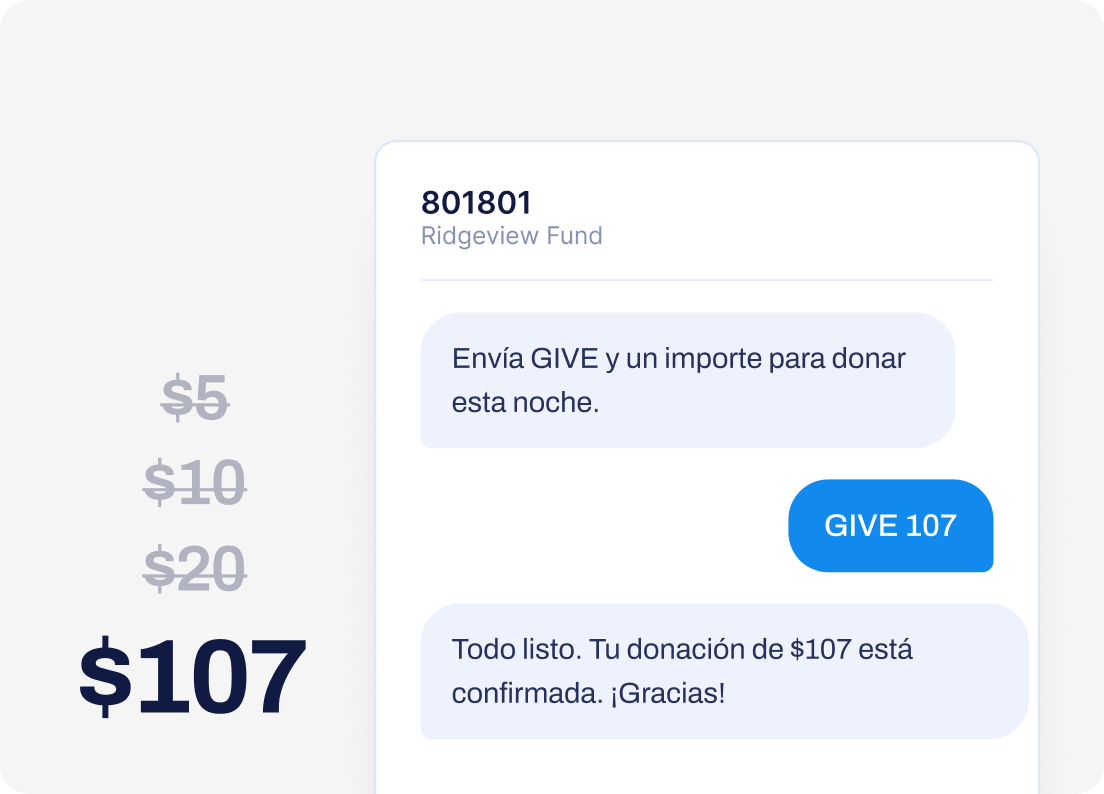 Conversación por SMS con la confirmación del importe de una donación.