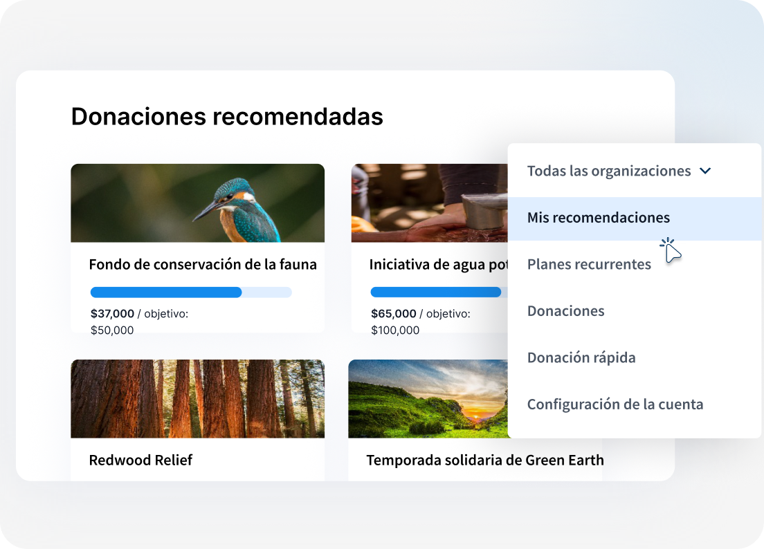 Recomendaciones de donación con tarjetas de campañas, objetivos de recaudación y menú de organizaciones.