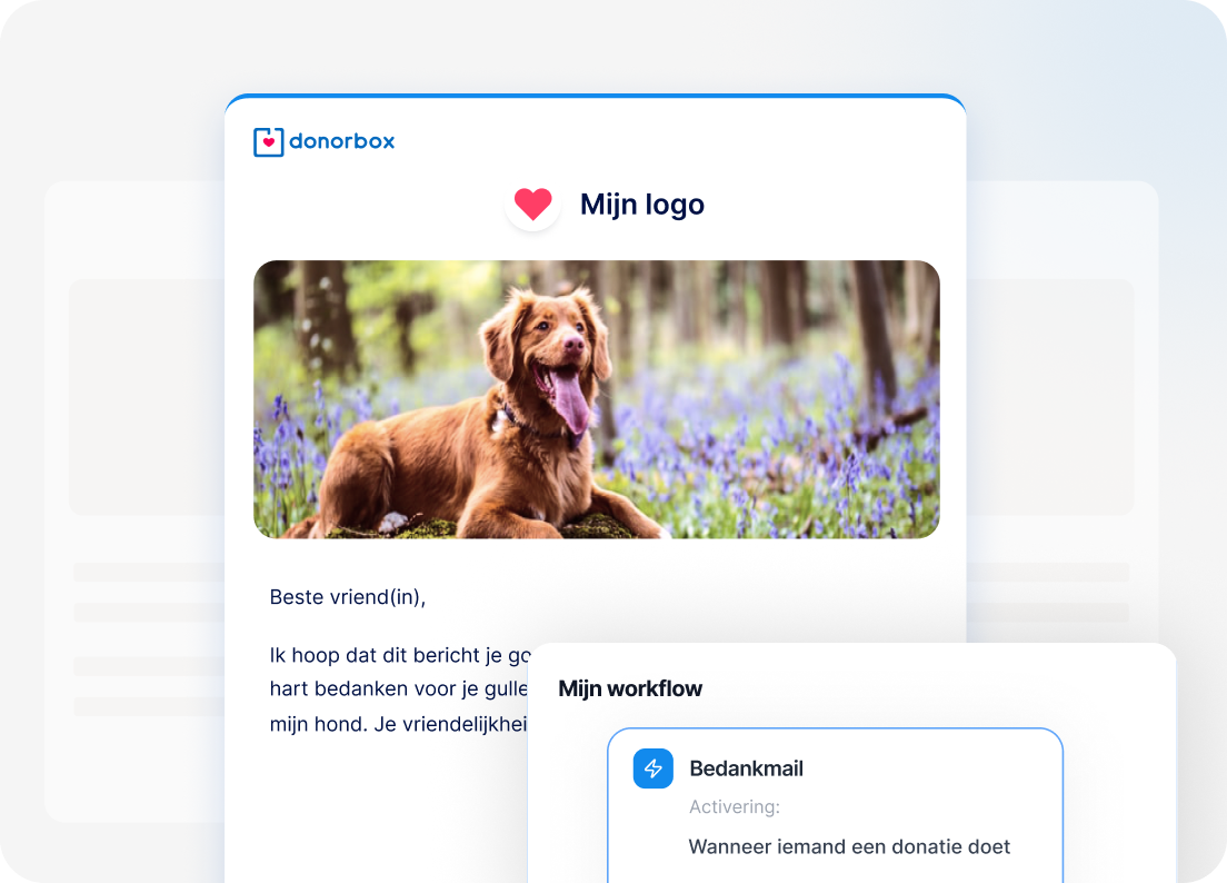 Editor voor bedankmail met hondenfoto en workflow voor donateurmeldingen.