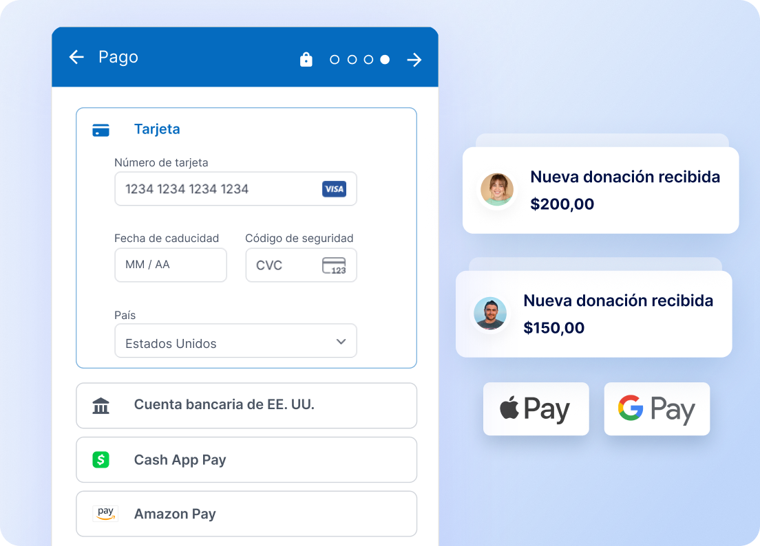 Pago rápido y confirmaciones de donación