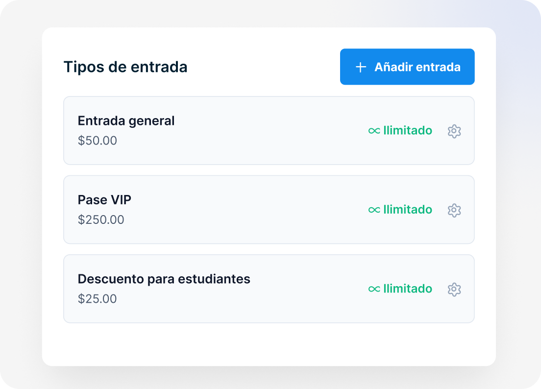 Configuración de tipos de entrada con entradas generales, VIP y descuento para estudiantes.