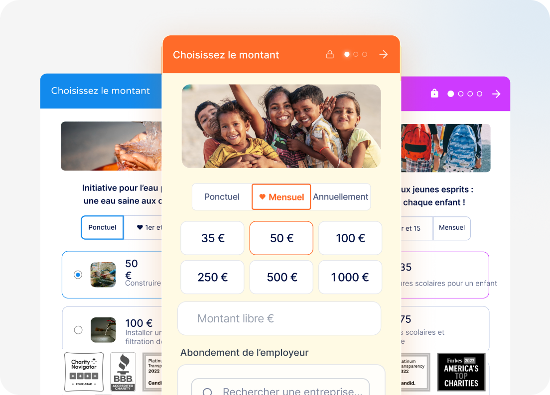 Parcours d’achat de billets avec sélection de tickets et option de don supplémentaire.