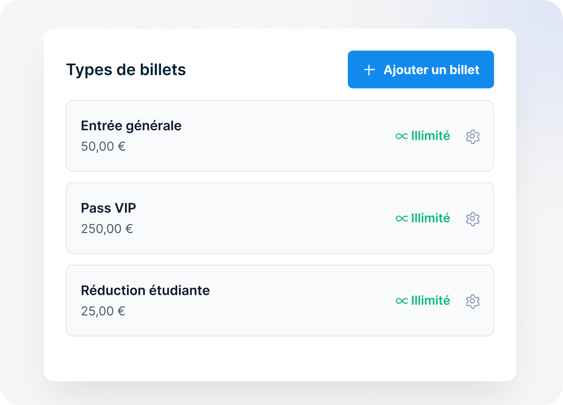 Configuration des types de billets avec admission générale, pass VIP et tarif étudiant.