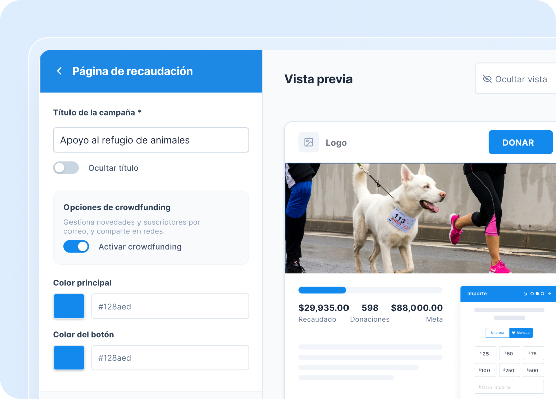 Editor de una página de crowdfunding con vista previa de una campaña de rescate de animales y una foto de perros.