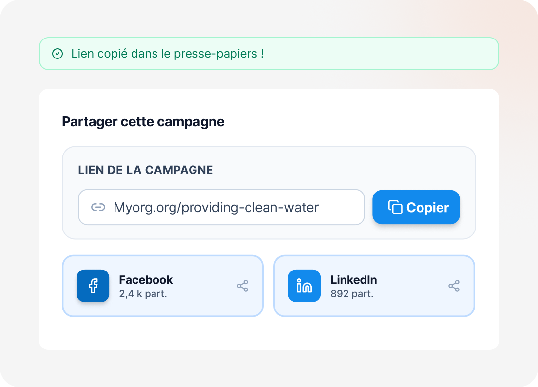 Options pour partager une campagne sur les réseaux sociaux et copier son lien.