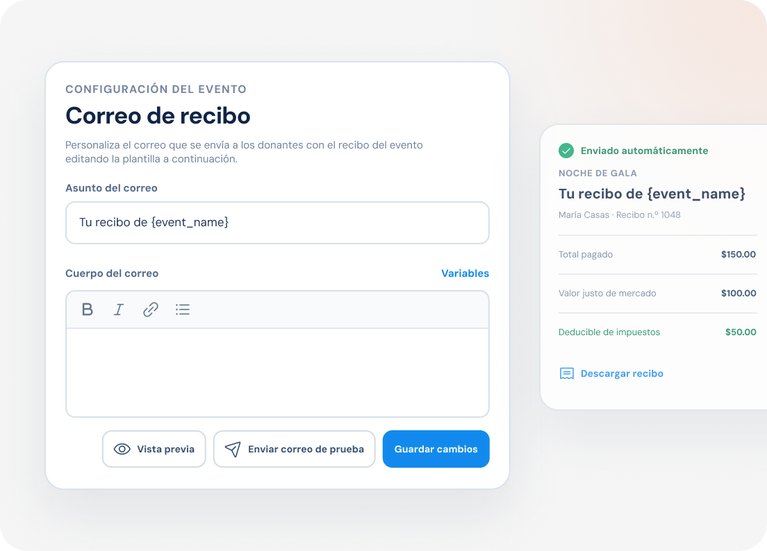 Configuración de recibos del evento con vista previa de un recibo de Noche de gala.