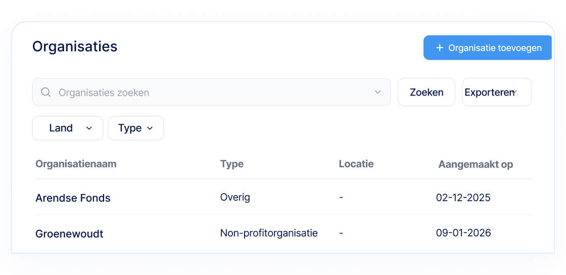 Beheertabel voor organisaties en contacten