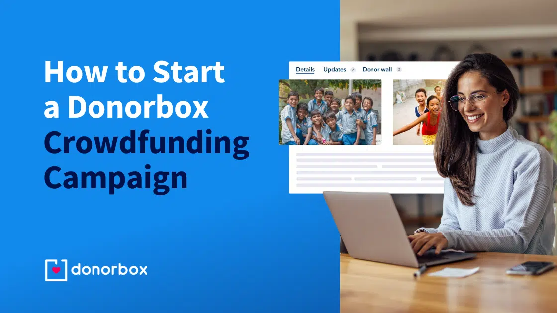 Woman smiling while using a laptop, with text "How to Start a Donorbox Crowdfunding Campaign" and images of happy children.