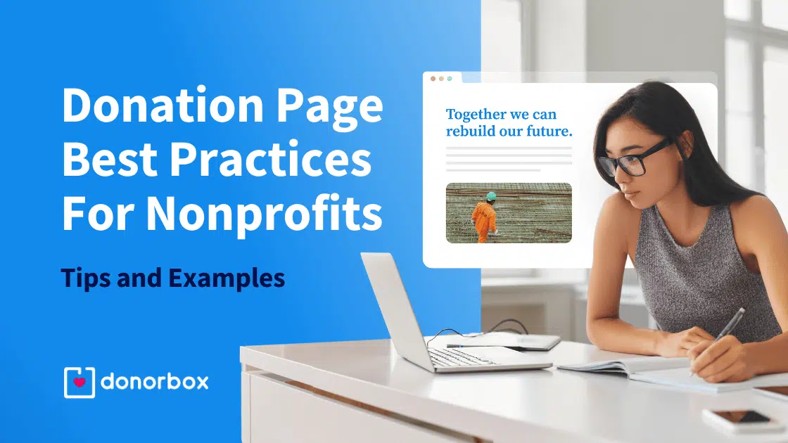 Woman working on a laptop with a notebook. Text: "Donation Page Best Practices for Nonprofits — Tips and Examples" by Donorbox.