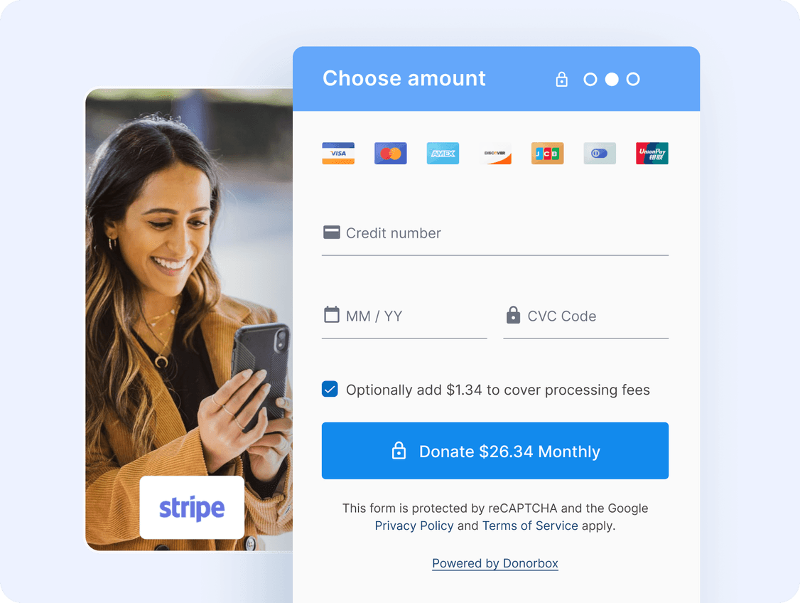 Woman smiling at phone next to a donation form interface with credit card fields and a monthly donation button.