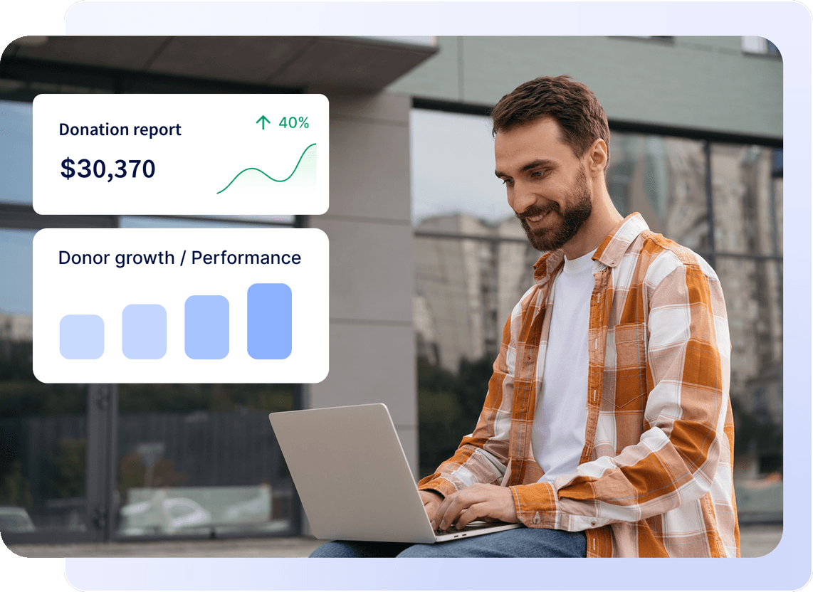 Man in plaid shirt using laptop outdoors; donation report shows $30,370 with a 40% increase and donor growth performance bars.