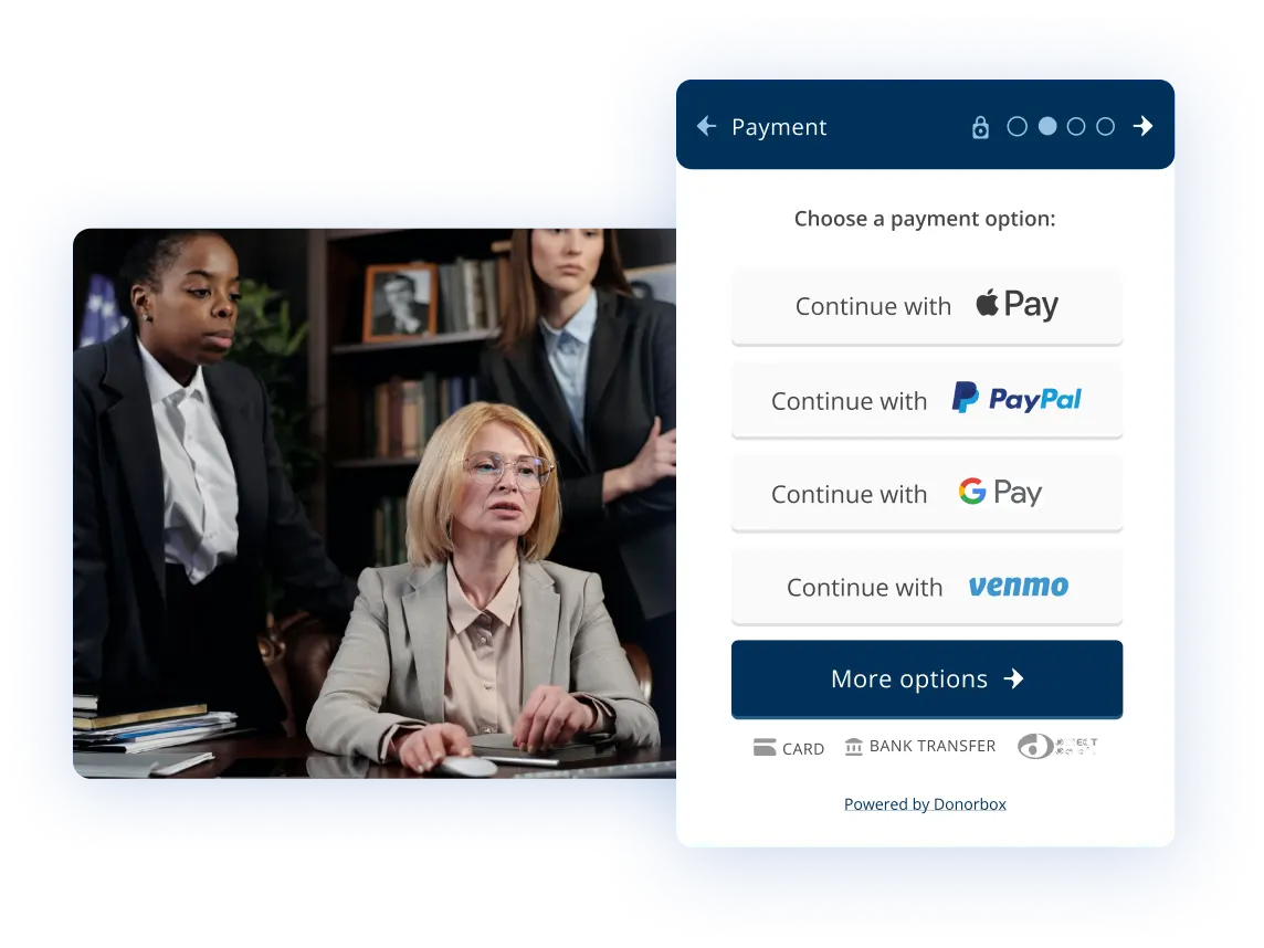 Three professional women in an office beside a Donorbox payment widget showing Apple Pay, PayPal, Google Pay, and Venmo options.