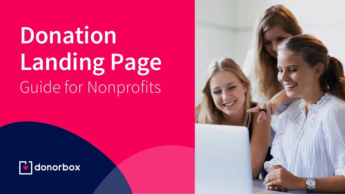 Three women smiling and looking at a laptop. Text reads "Donation Landing Page Guide for Nonprofits." Donorbox logo at the bottom left.