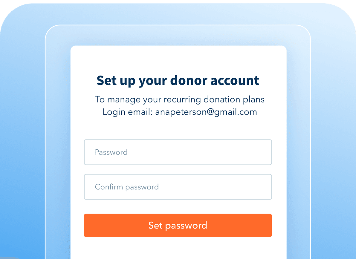 Login screen prompting for password setup for a donor account with fields for password and confirm password.