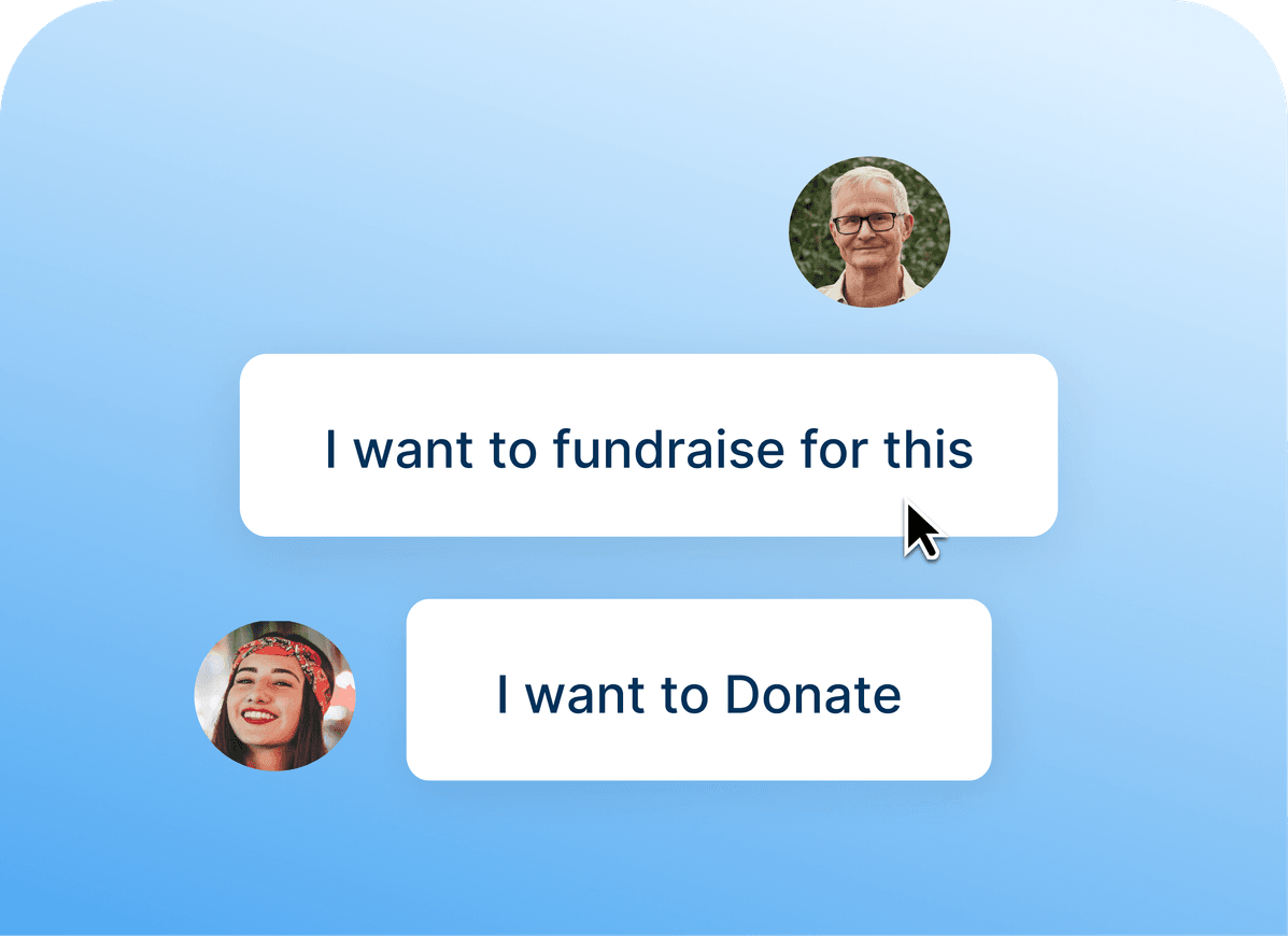 A chat interface showing two profile pictures and options: "I want to fundraise for this" and "I want to Donate."