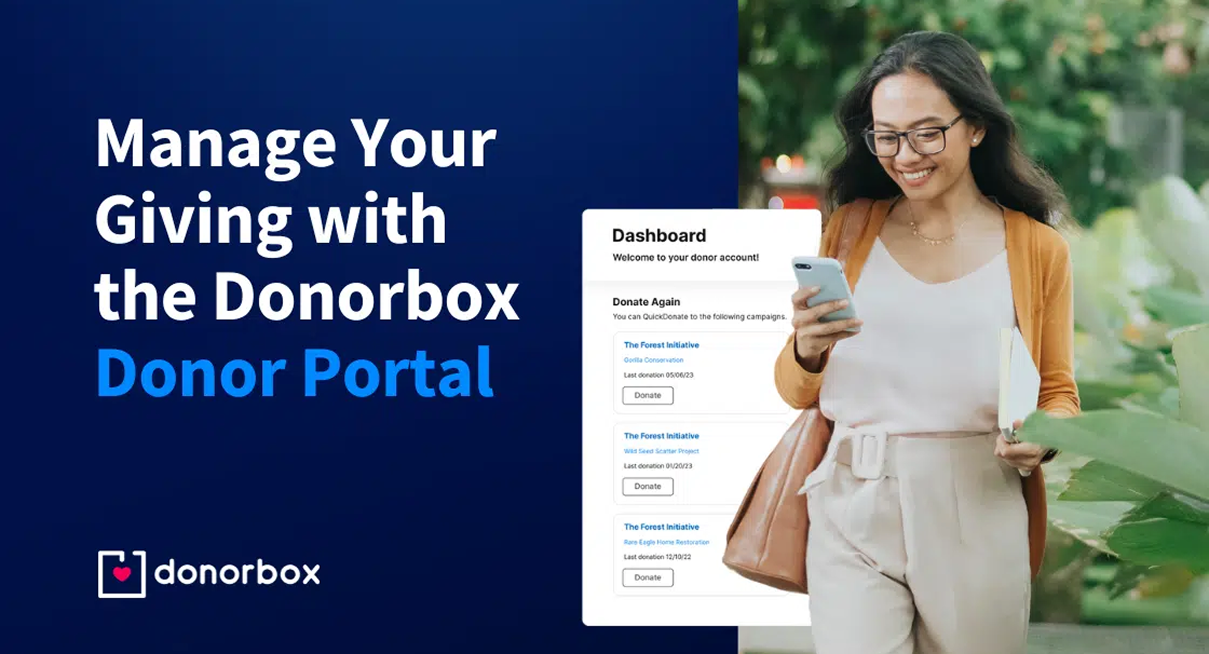 Smiling woman using phone beside Donorbox Donor Portal dashboard screenshot, with text "Manage Your Giving with the Donorbox Donor Portal"
