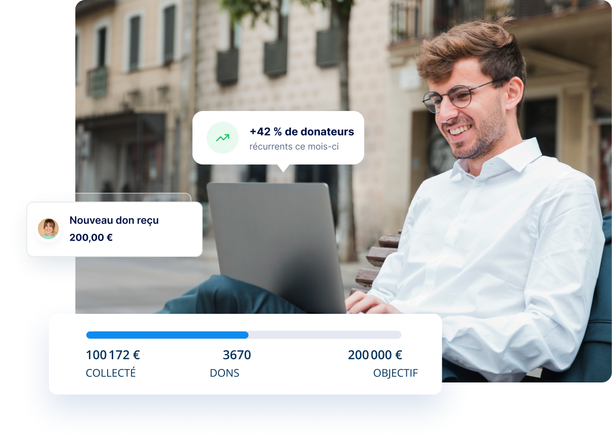 Interface de gestion des donateurs avec notifications de dons et statistiques à côté d’une photo d’un donateur.