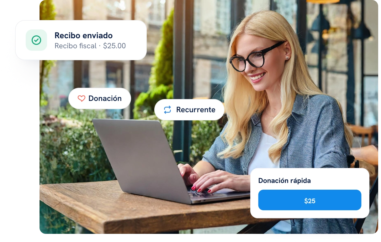 Una mujer usa un portátil en una cafetería; aparecen avisos de recibo enviado, donación, donación recurrente y donación rápida.