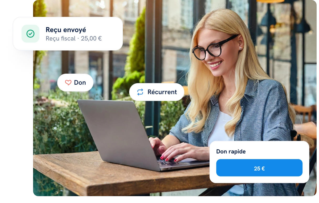 Une femme utilise un ordinateur portable dans un café ; des notifications indiquent un reçu envoyé, un don, un don récurrent et un don rapide.