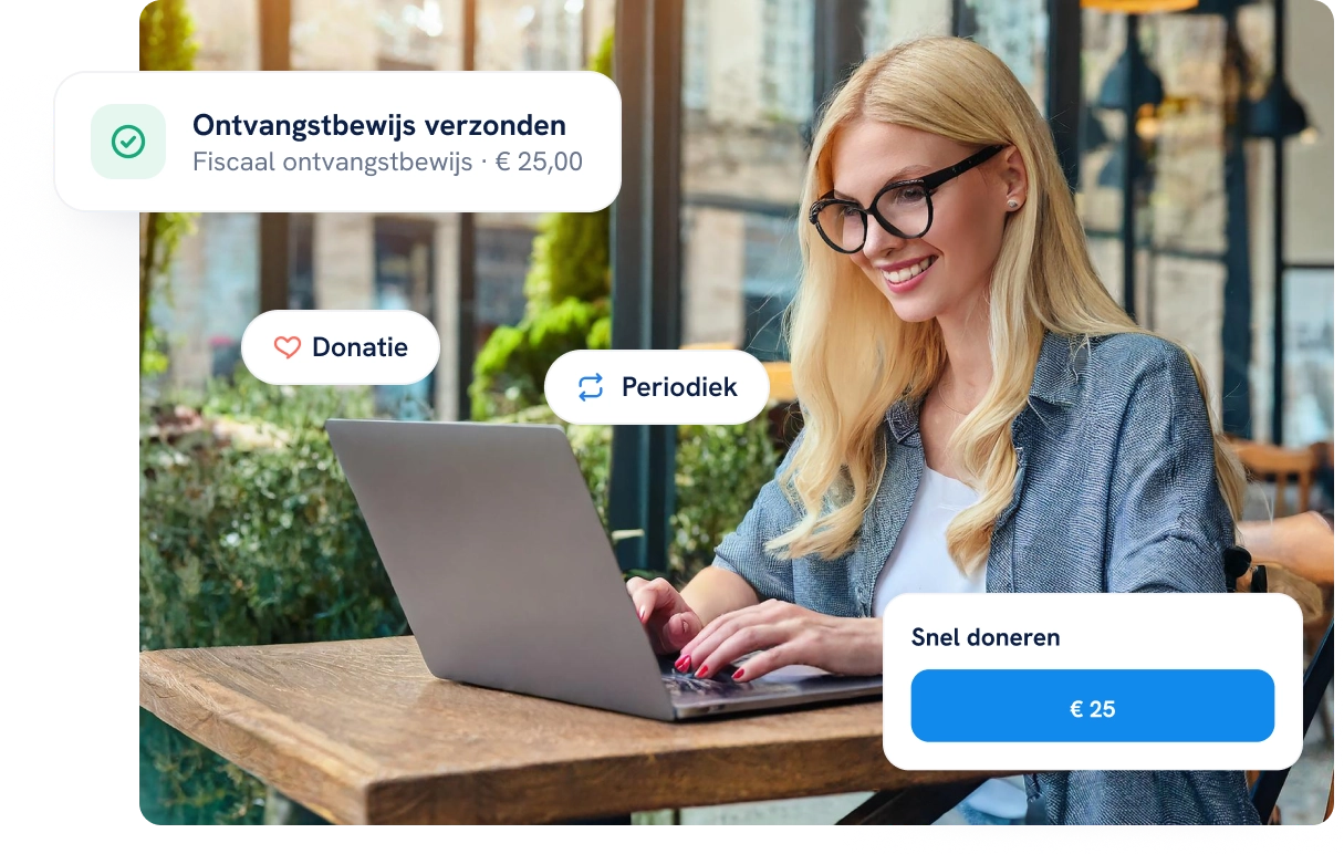 Een vrouw gebruikt een laptop in een café; meldingen tonen een verzonden ontvangstbewijs, een donatie, een periodieke donatie en snel doneren.