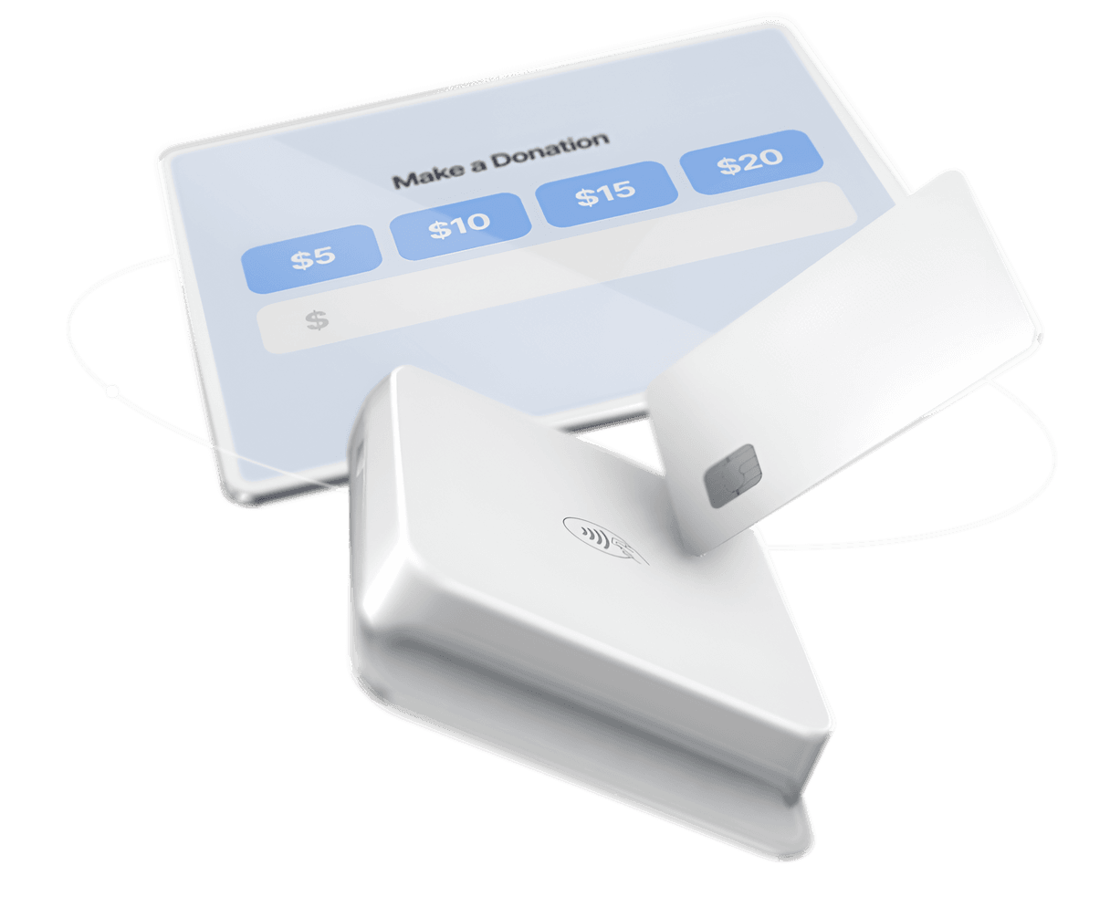 White contactless card reader and card in front of a digital donation screen displaying amounts: $5, $10, $15, $20.