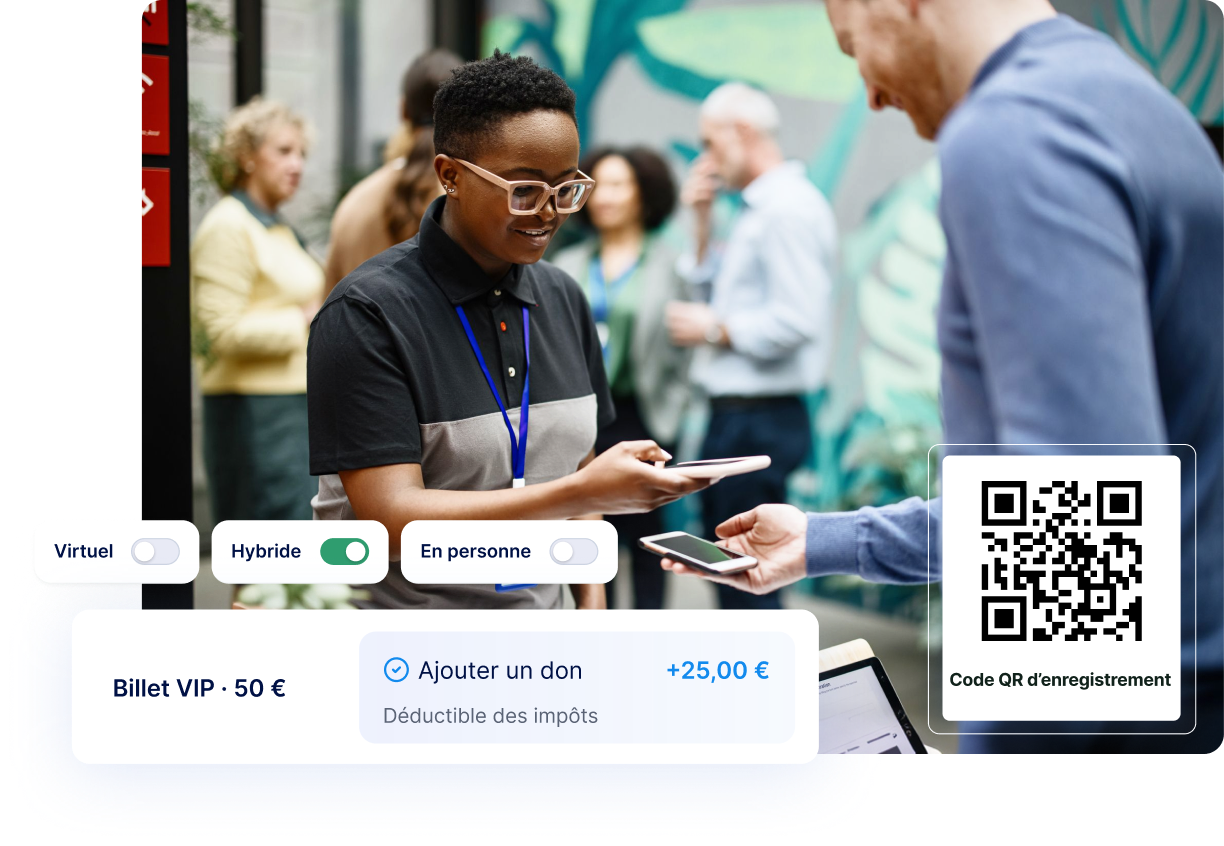 Interface d’inscription à un événement avec scan de billets par QR code, prix VIP et options de don.