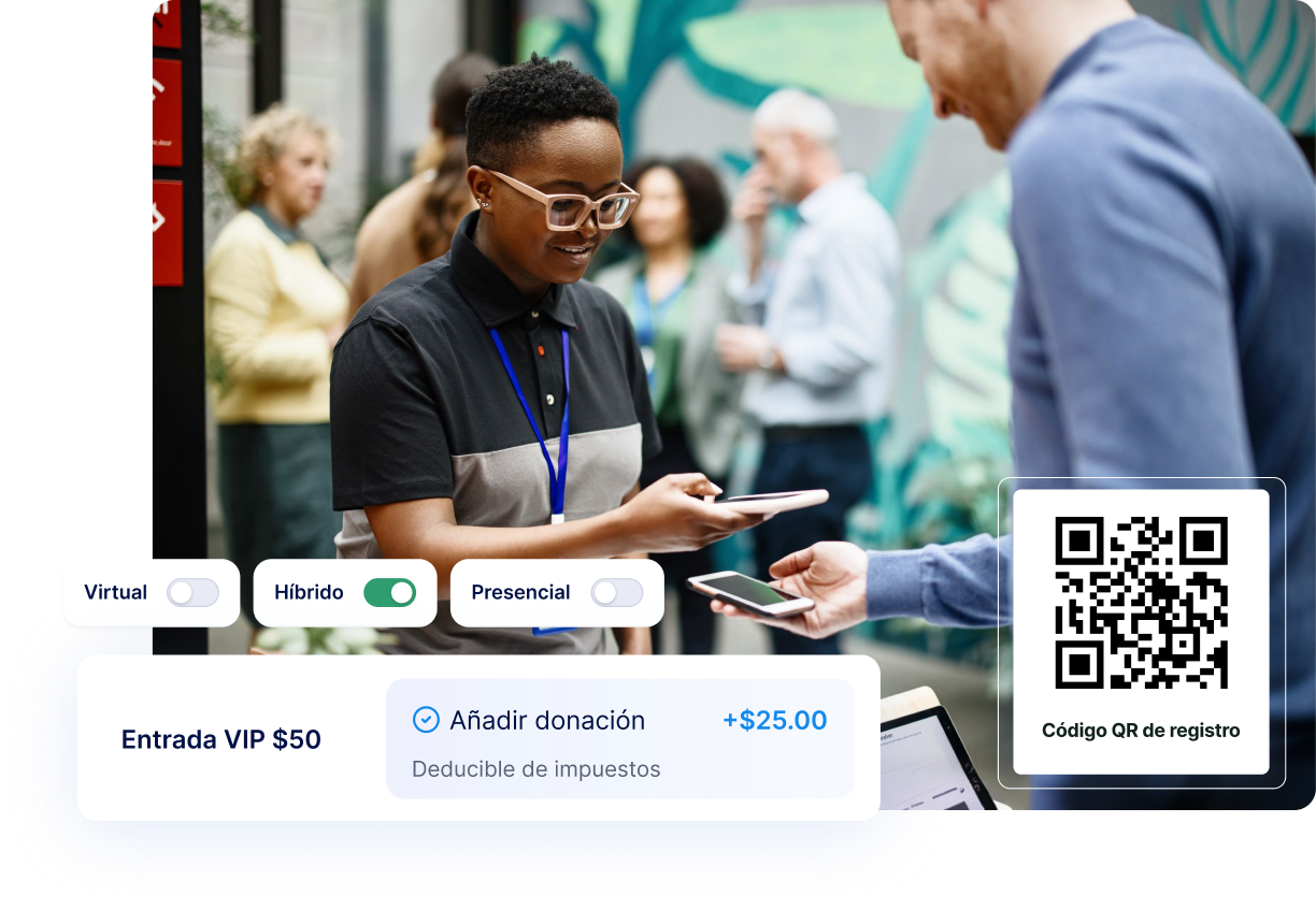 Interfaz de registro de eventos con escaneo de entradas mediante código QR, precios VIP y opciones de donación.