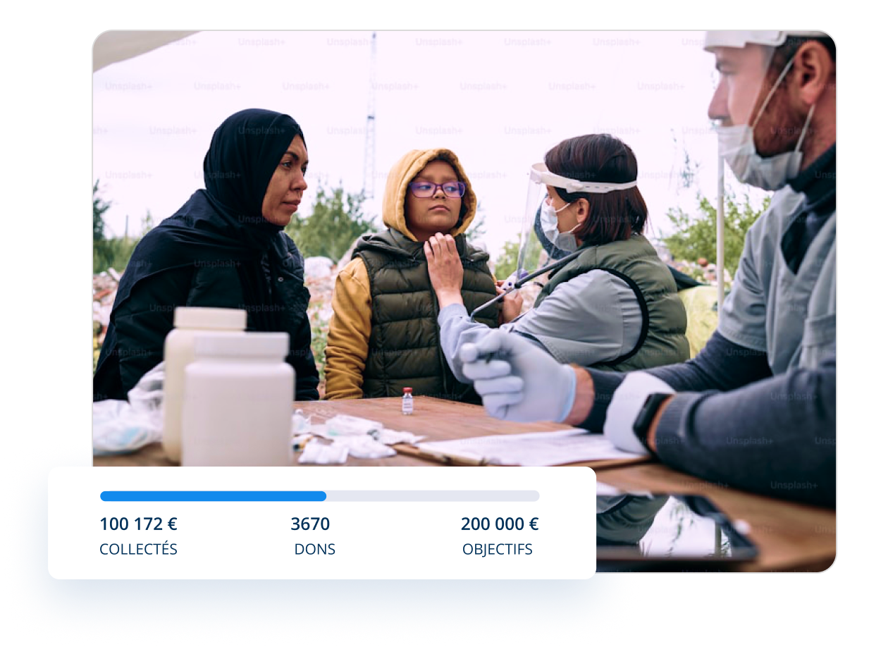 Campagne humanitaire avec une équipe de soins et un aperçu de la collecte.