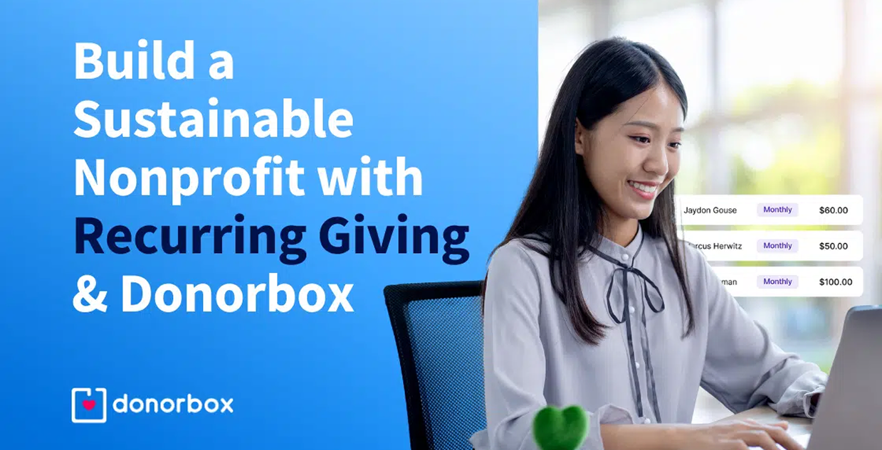 Donorbox promotional banner showing a smiling woman at laptop with text "Build a Sustainable Nonprofit with Recurring Giving & Donorbox"