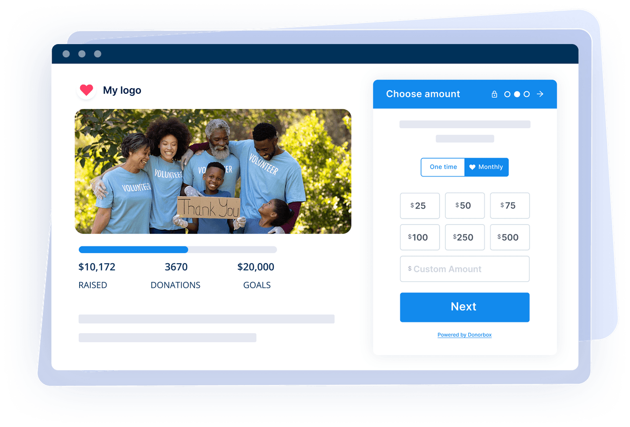 Online donation page showing a group of volunteers holding a "Thank You" sign, with fundraising progress and donation options visible.