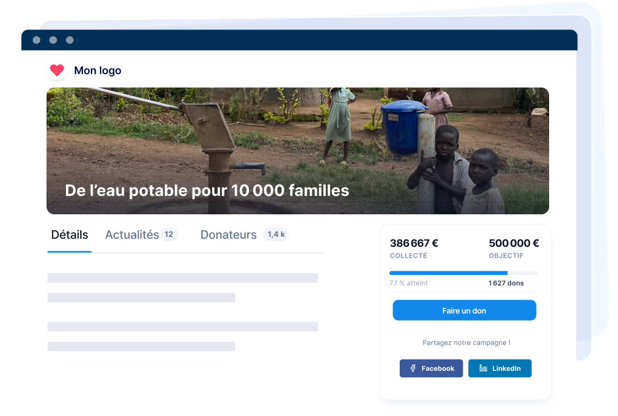 Page de crowdfunding pour apporter de l’eau potable à 10 000 familles, avec une photo d’enfants près de bidons d’eau.