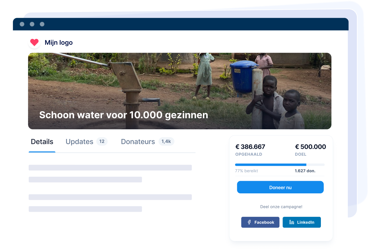 Crowdfundingpagina voor schoon water voor 10.000 gezinnen, met een foto van kinderen bij watervaten.