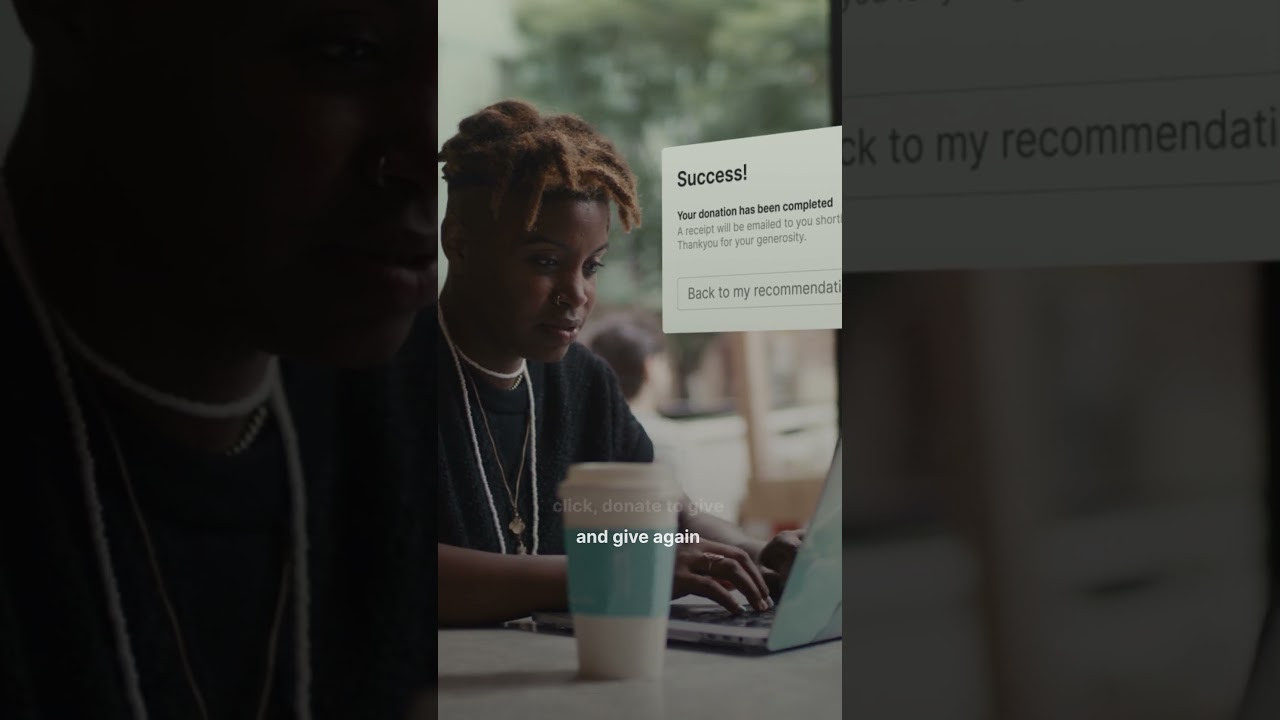 Young person with locs using a laptop, viewing a donation success confirmation message with text "and give again"