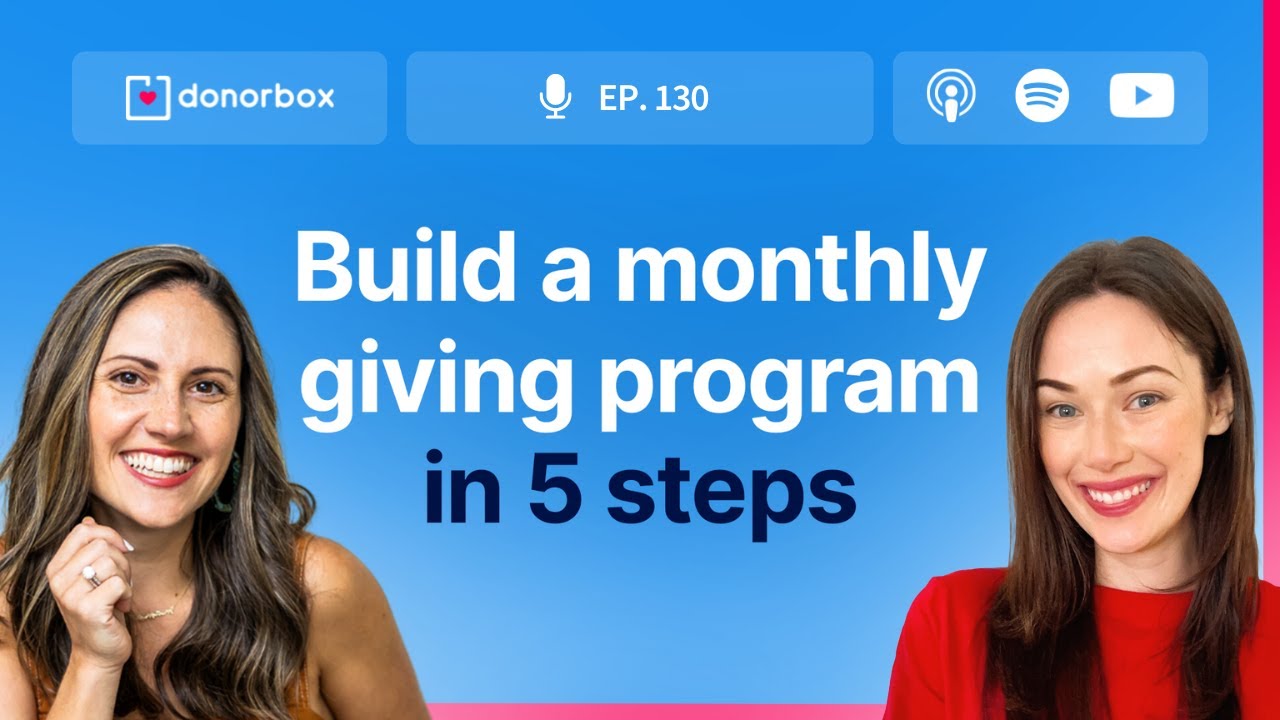 Two smiling women with text: "Build a monthly giving program in 5 steps." Donorbox logo and podcast episode icons above.