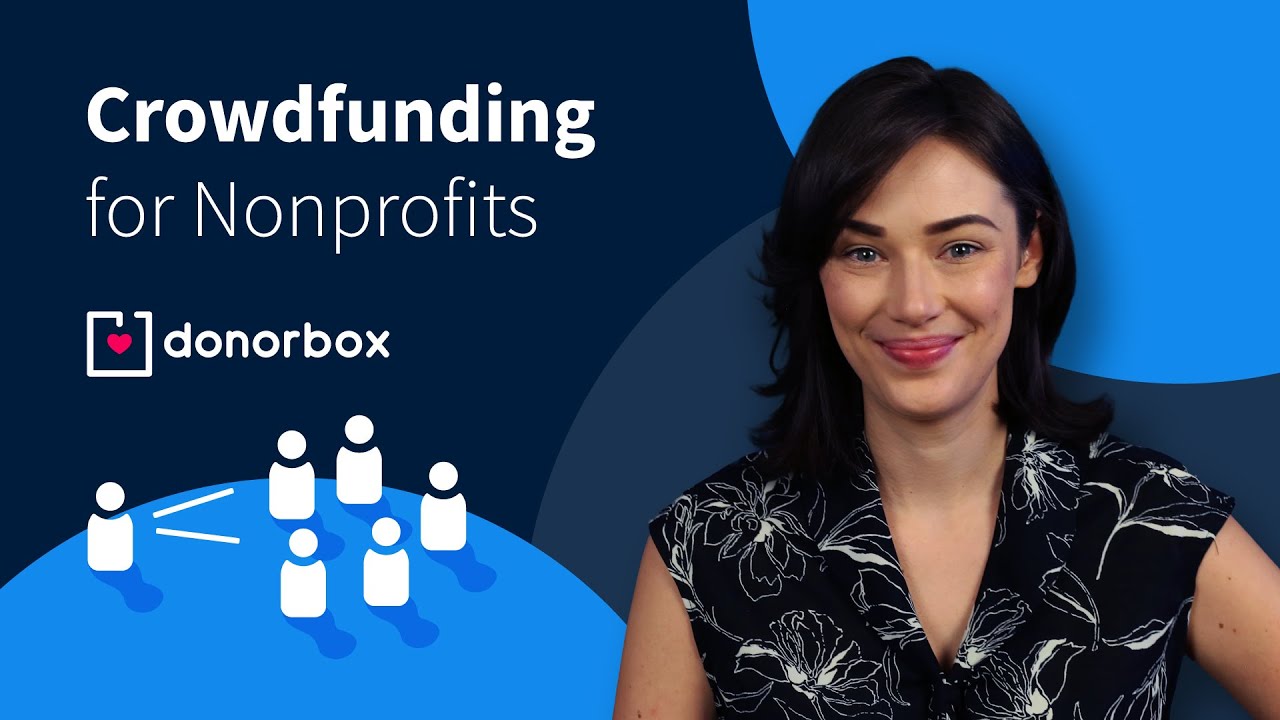 Smiling woman with text "Crowdfunding for Nonprofits" and "Donorbox" logo, showing figures sharing resources.