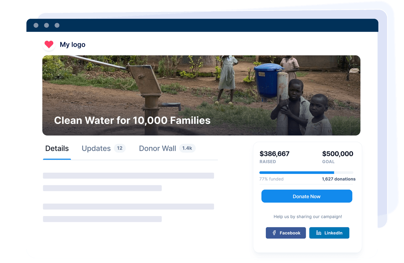 Online fundraiser page for "Clean Water for 10,000 Families." $386,667 raised of $500,000 goal, 77% funded. Options to donate or share on social media.