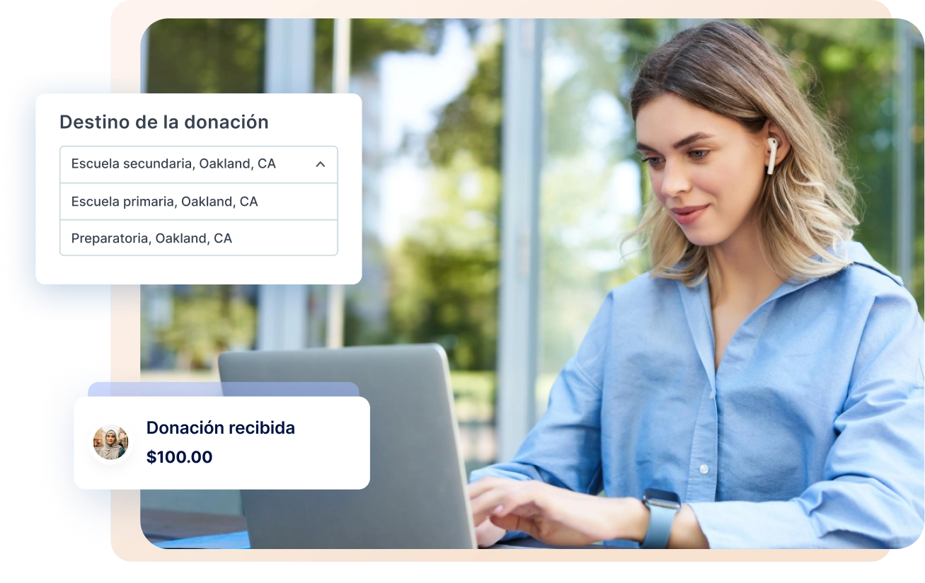 Destino de la donación y notificación de una nueva aportación.