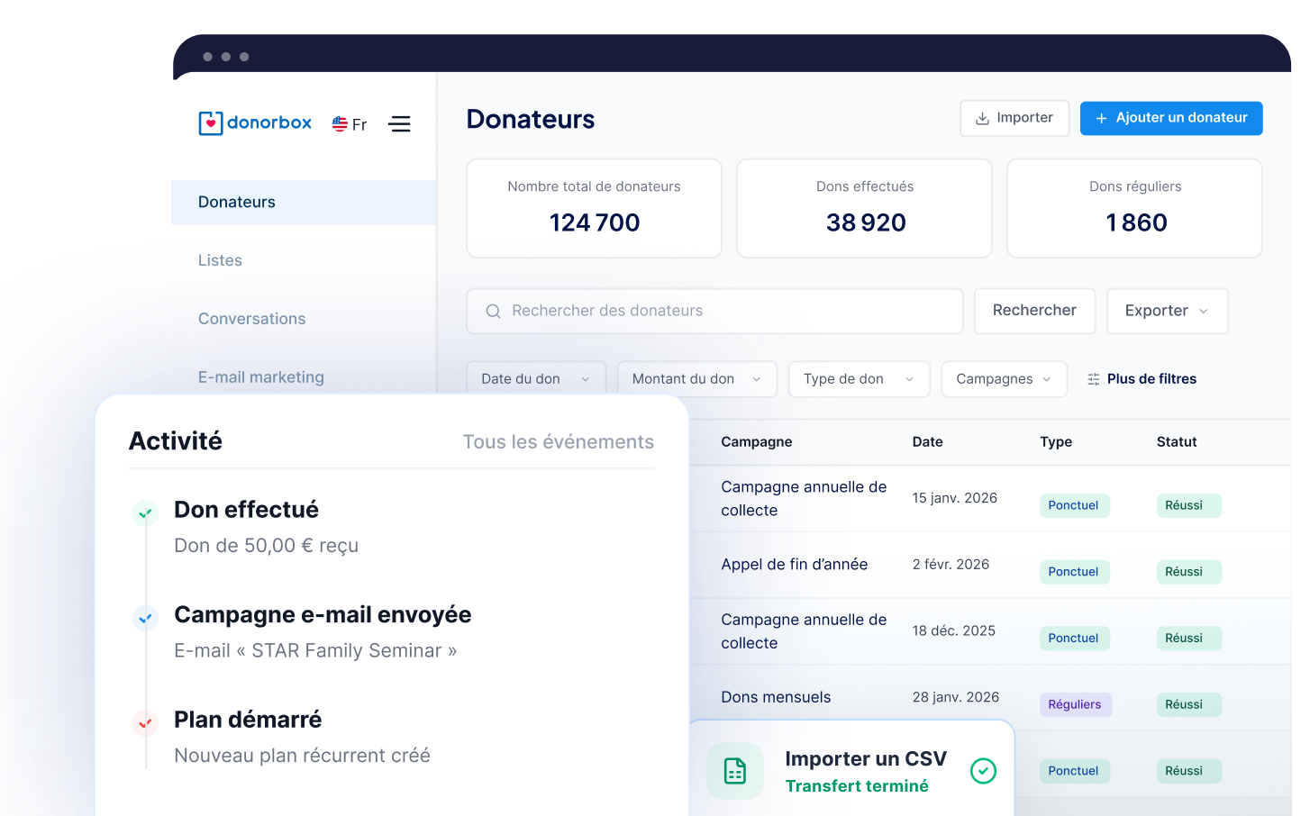 Tableau CRM des donateurs avec activité et confirmation d’importation CSV.
