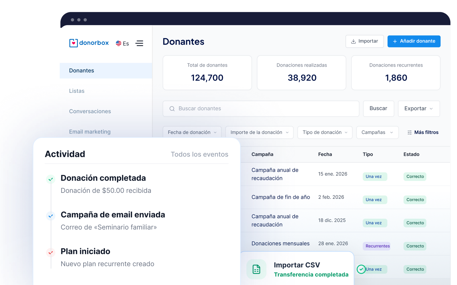 Panel CRM de donantes con actividad y confirmación de importación CSV.