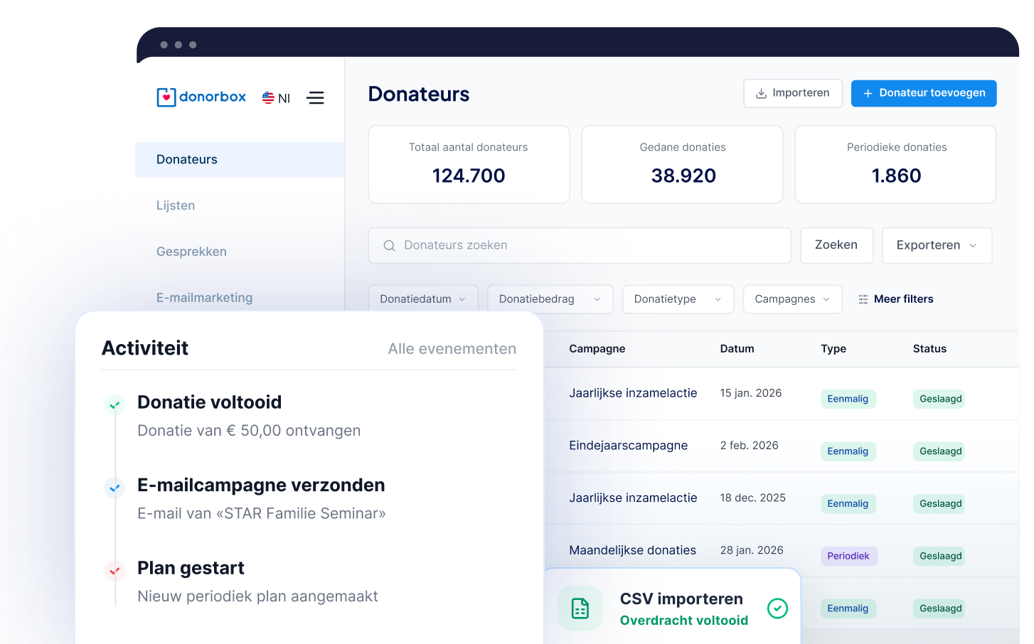 CRM-donateursoverzicht met activiteit en bevestiging van een CSV-import.