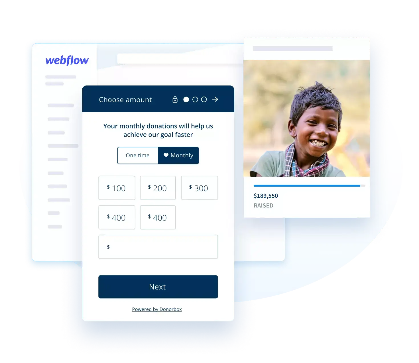 Webflow and Donorbox donation form UI showing amount selection options alongside a fundraising page with a smiling child and $189,550 raised.