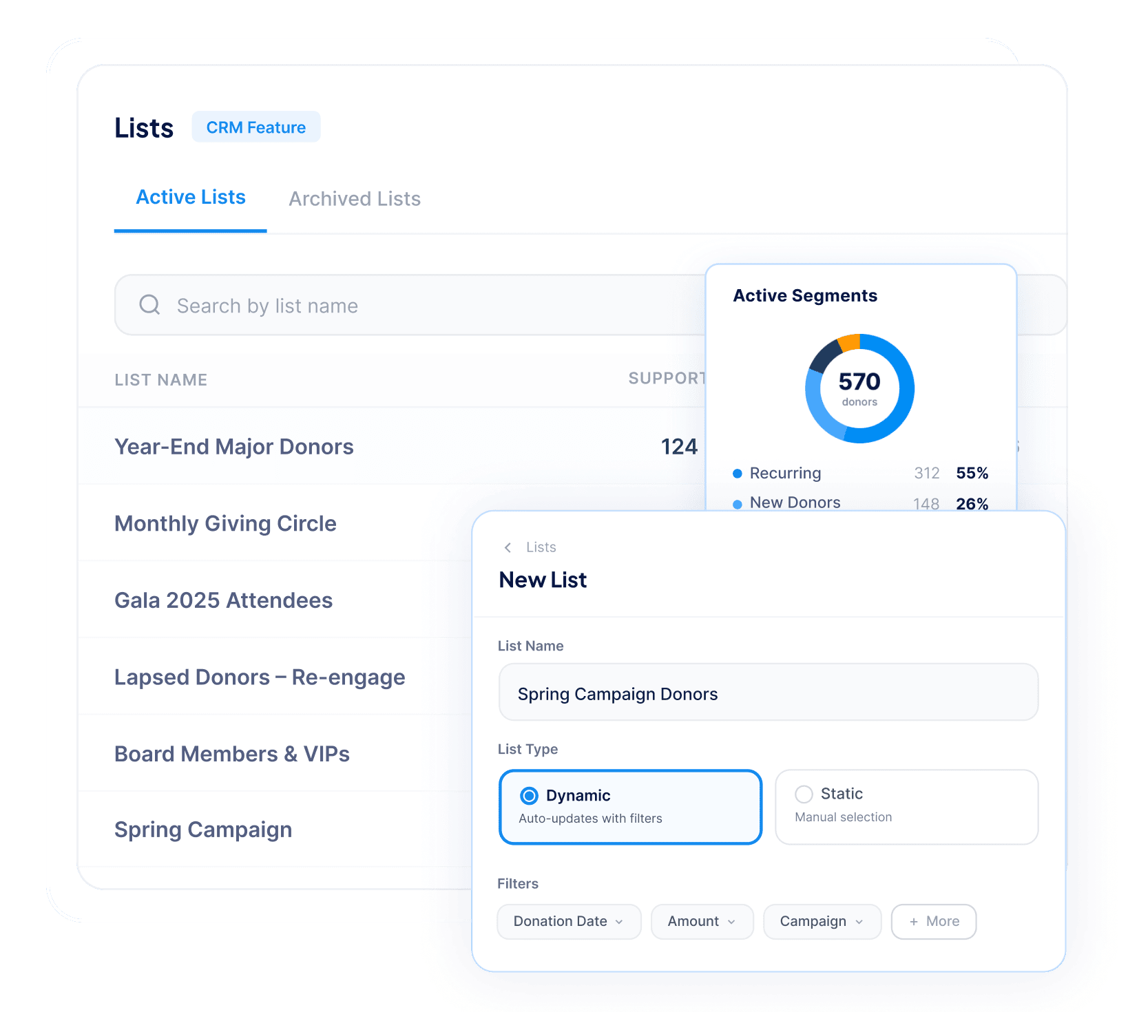 crm donors lists segments dashboard