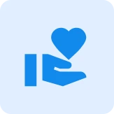 Icon of a blue hand holding a blue heart on a light blue background.