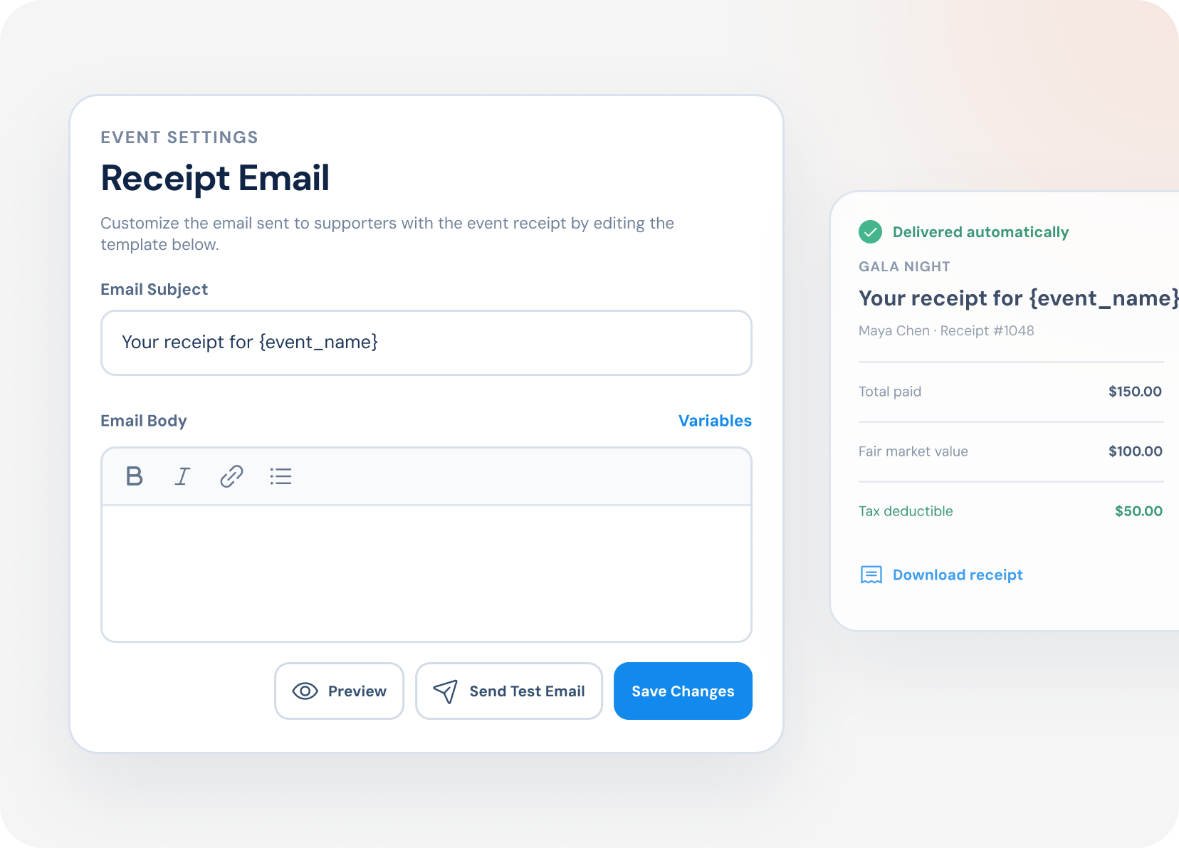Event settings UI for customizing a receipt email template, with a preview showing a Gala Night receipt for $150 with tax deductible amount.
