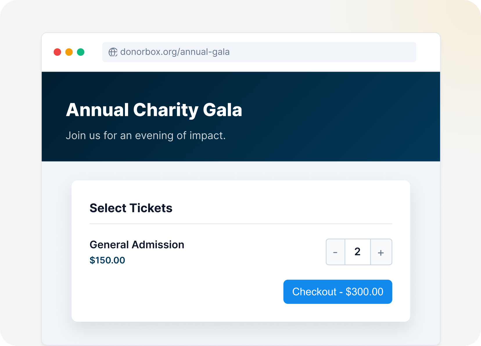 Donorbox Annual Charity Gala ticket selection page showing 2 General Admission tickets at $150 each with a $300 checkout button.