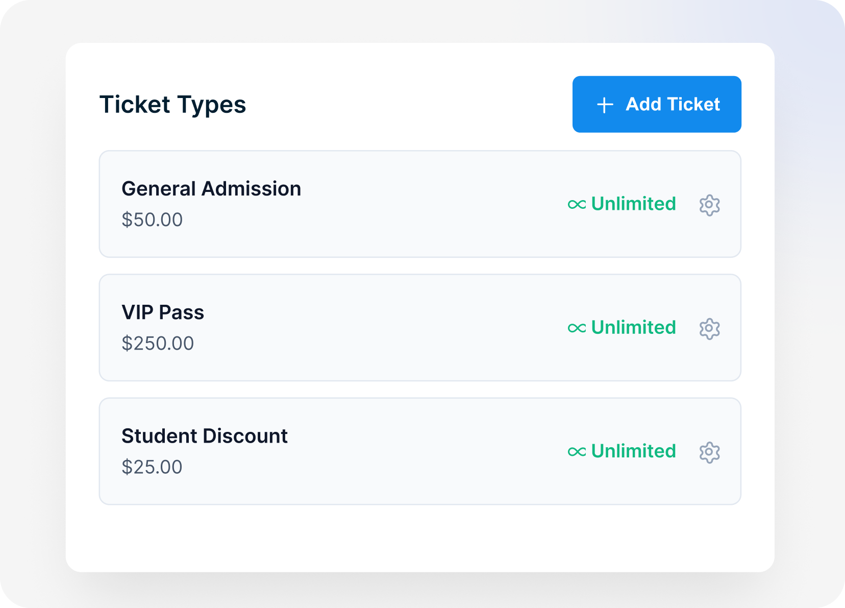 Ticket Types management UI showing General Admission $50, VIP Pass $250, and Student Discount $25, all with unlimited availability.